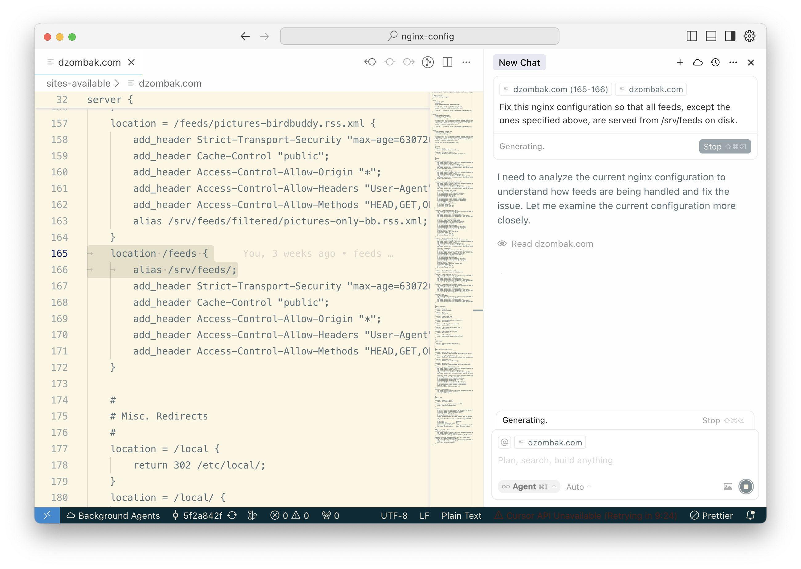 Using Cursor to fix an Nginx configuration issue, live.